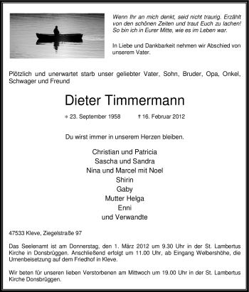 Traueranzeige von Dieter Timmermann von Tageszeitung