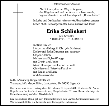 Traueranzeige von Erika Schlinkert von Tageszeitung
