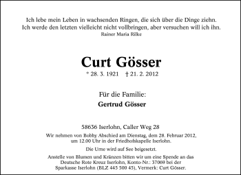 Traueranzeige von Curt Gösser von Tageszeitung