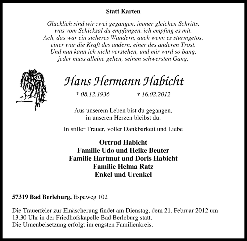  Traueranzeige für Hans Hermann Habicht vom 18.02.2012 aus Tageszeitung