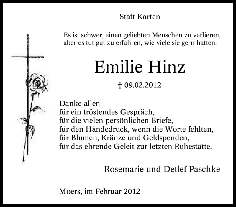 Traueranzeige für Emilie Hinz vom 18.02.2012 aus Tageszeitung