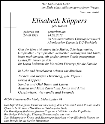 Traueranzeige von Elisabeth Küppers von Tageszeitung