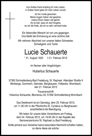 Traueranzeige von Lucie Schauerte von Tageszeitung