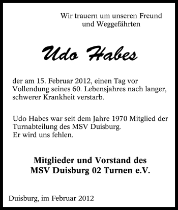 Traueranzeige von Udo Habes von Tageszeitung