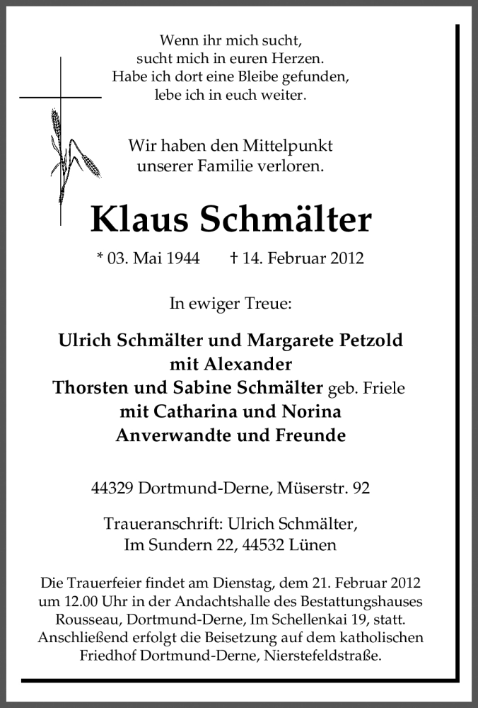  Traueranzeige für Klaus Schmälter vom 18.02.2012 aus Tageszeitung