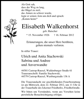 Traueranzeige von Elisabeth Walkenhorst von Tageszeitung