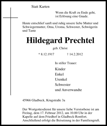 Traueranzeige von Hildegard Prechtel von Tageszeitung