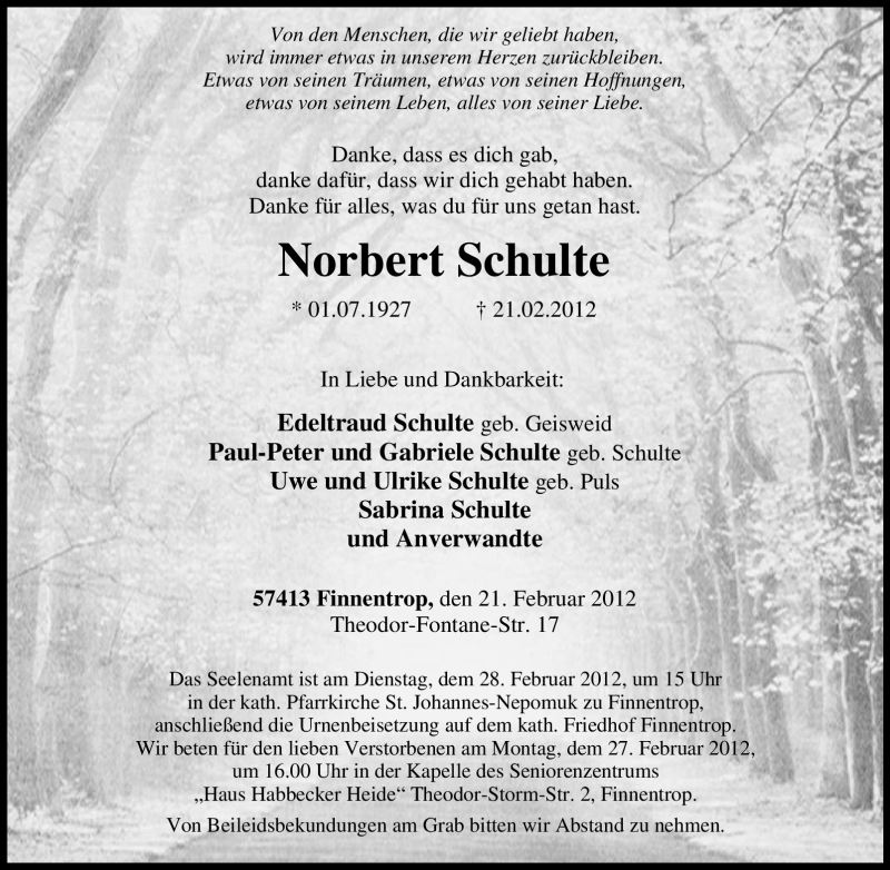 Traueranzeige für Norbert Schulte vom 23.02.2012 aus Tageszeitung