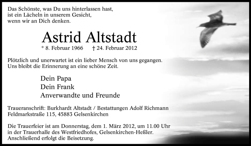  Traueranzeige für Astrid Altstadt vom 29.02.2012 aus Tageszeitung