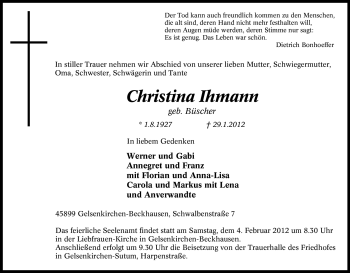 Traueranzeige von Christina Ihmann von Tageszeitung