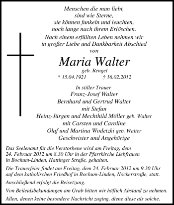 Traueranzeige von Maria Walter von Tageszeitung