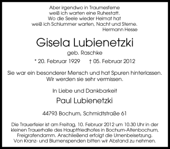 Traueranzeige von Gisela Lubienetzki von Tageszeitung