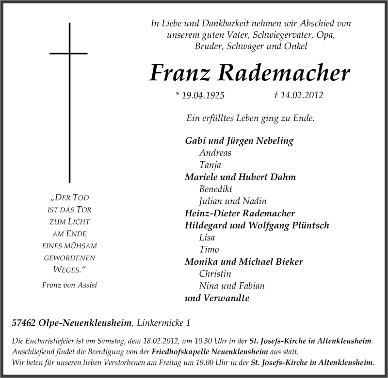  Traueranzeige für Franz Rademacher vom 15.02.2012 aus Tageszeitung