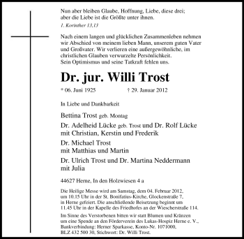 Traueranzeige von Willi Trost von Tageszeitung