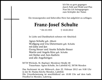 Traueranzeige von Franz-Josef Schulte von Tageszeitung