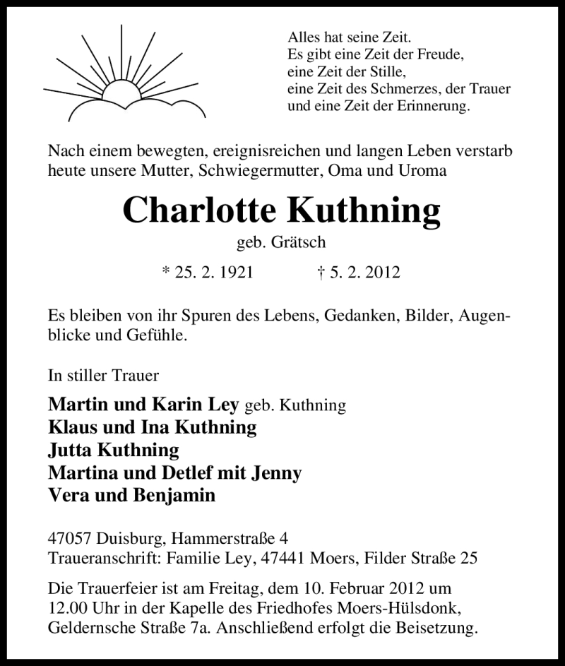  Traueranzeige für Charlotte Kuthning vom 08.02.2012 aus Tageszeitung