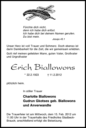 Traueranzeige von Erich Biallowons von Tageszeitung