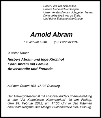 Traueranzeige von Arnold Abram von Tageszeitung
