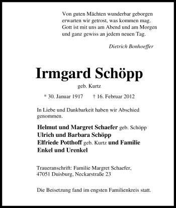 Traueranzeige von Irmgard Schöpp von Tageszeitung