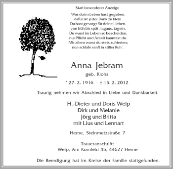Traueranzeige von Anna Jebram von Tageszeitung