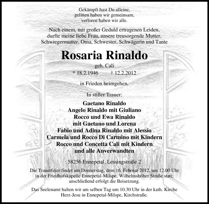  Traueranzeige für Rosaria Rinaldo vom 14.02.2012 aus Tageszeitung
