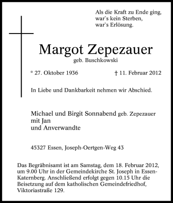 Traueranzeige von Margot Zepezauer von Tageszeitung