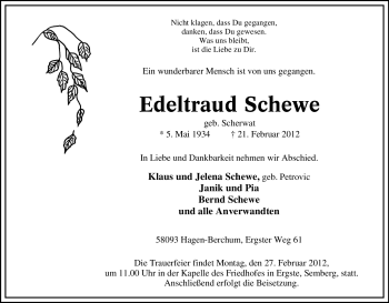 Traueranzeige von Edeltraud Schewe von Tageszeitung