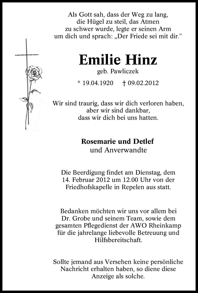  Traueranzeige für Emilie Hinz vom 11.02.2012 aus Tageszeitung
