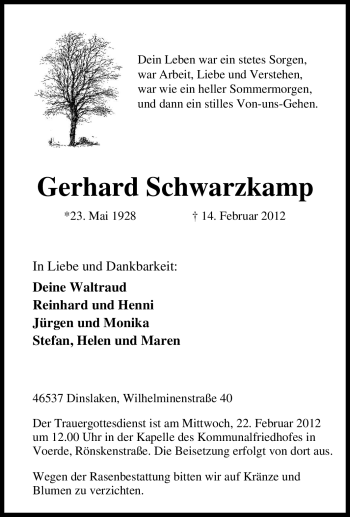 Traueranzeige von Gerhard Schwarzkamp von Tageszeitung