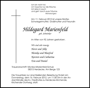 Traueranzeige von Hildegard Marienfeld von Tageszeitung