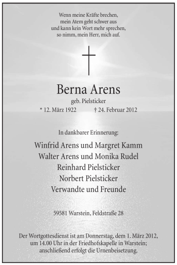Traueranzeige von Berna Arens von Tageszeitung