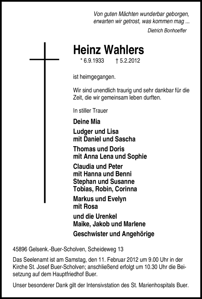  Traueranzeige für Heinz Wahlers vom 08.02.2012 aus Tageszeitung