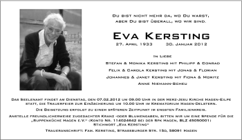 Traueranzeige von Eva Kersting von Tageszeitung