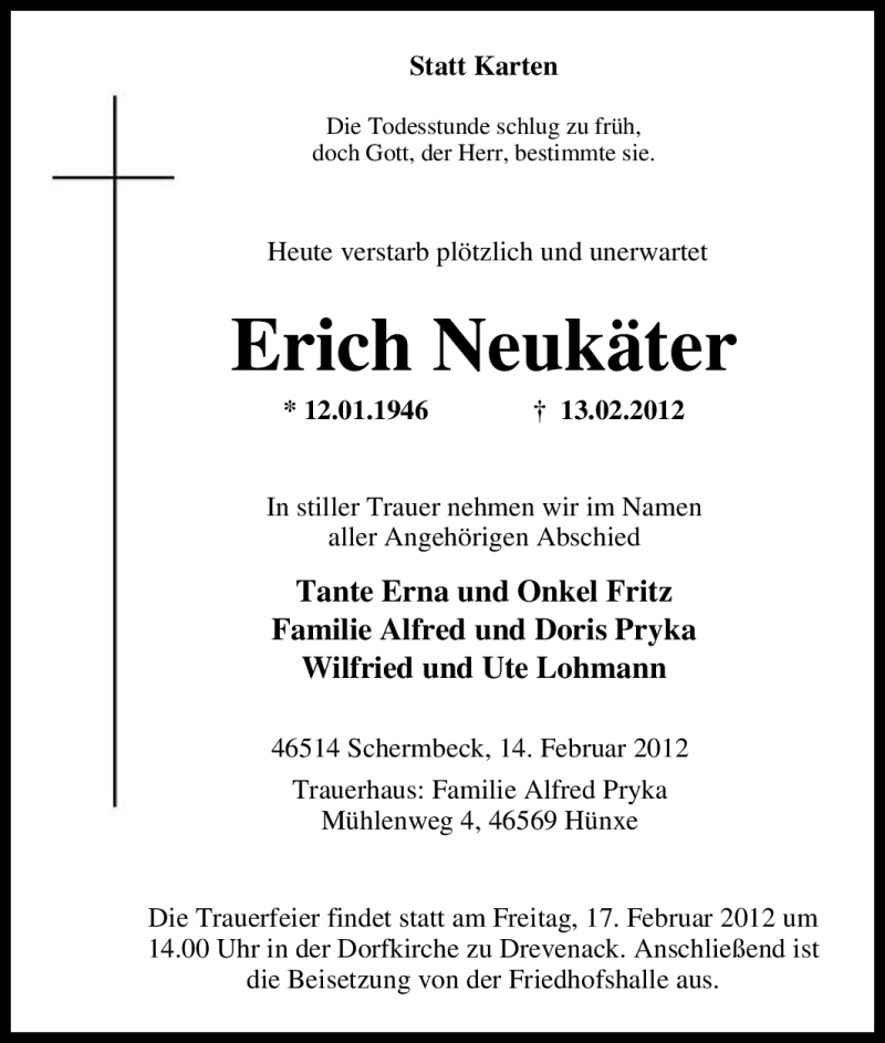  Traueranzeige für Erich Neukäter vom 15.02.2012 aus Tageszeitung