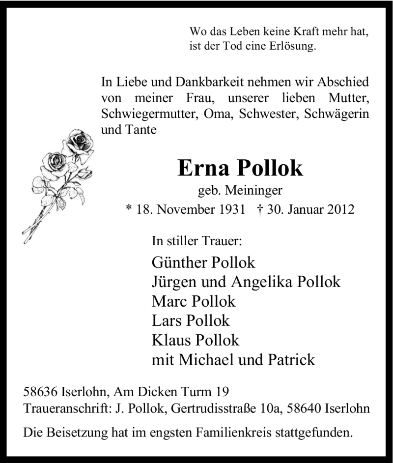  Traueranzeige für Erna Pollok vom 04.02.2012 aus Tageszeitung