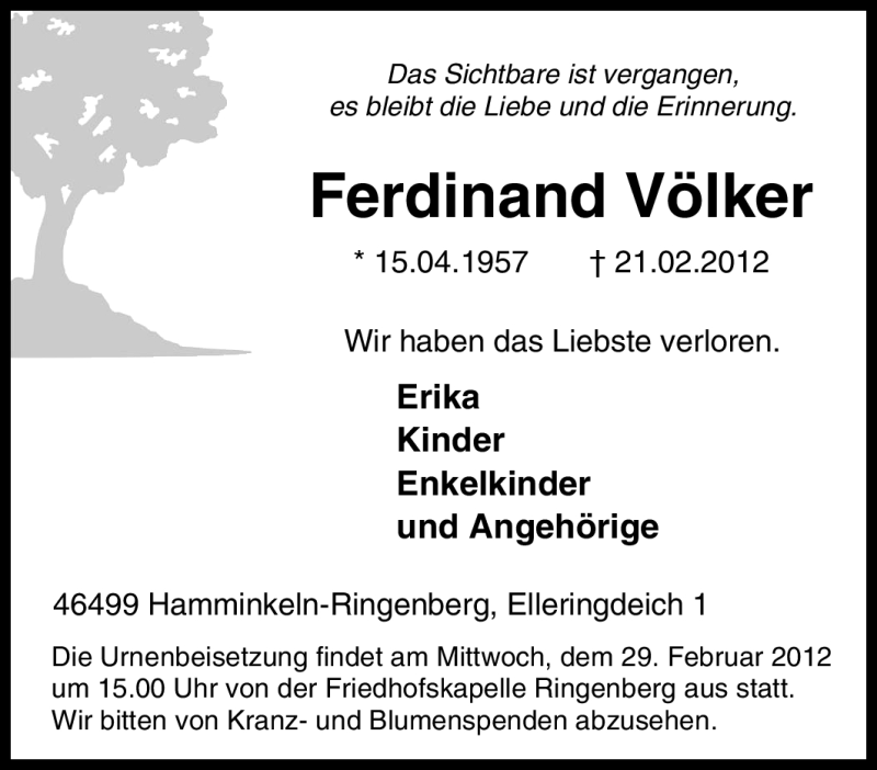  Traueranzeige für Ferdinand Völker vom 23.02.2012 aus Tageszeitung