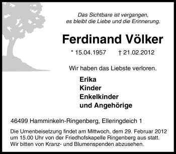 Traueranzeige von Ferdinand Völker von Tageszeitung
