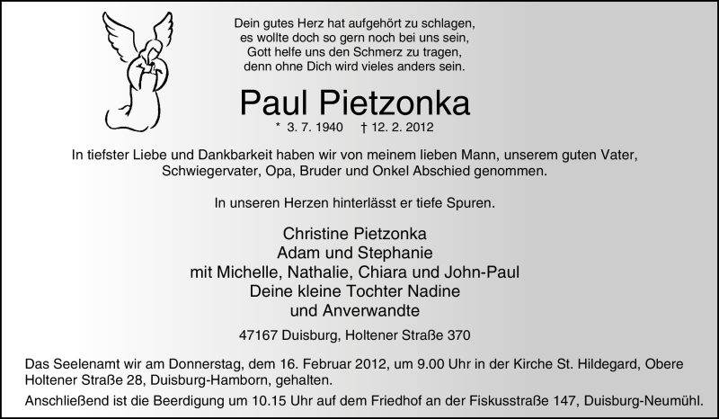  Traueranzeige für Paul Pietzonka vom 14.02.2012 aus Tageszeitung