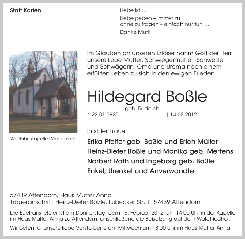  Traueranzeige für Hildegard Boßle vom 15.02.2012 aus Tageszeitung