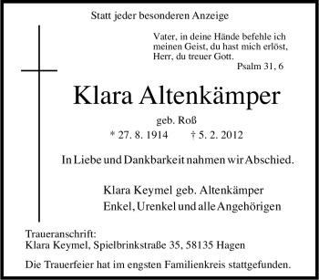 Traueranzeige von Klara Altenkämper von Tageszeitung