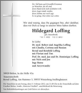 Traueranzeige von Hildegard Loffing von Tageszeitung