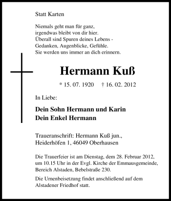 Traueranzeige von Hermann Kuß von Tageszeitung