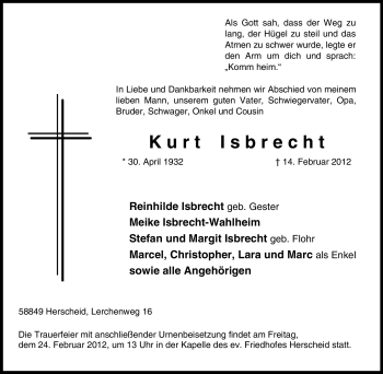 Traueranzeige von Kurt Isbrecht von Tageszeitung