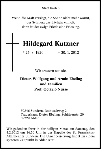 Traueranzeige von Hildegard Kutzner von Tageszeitung