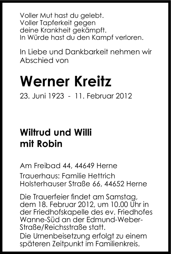  Traueranzeige für Werner Kreitz vom 14.02.2012 aus Tageszeitung