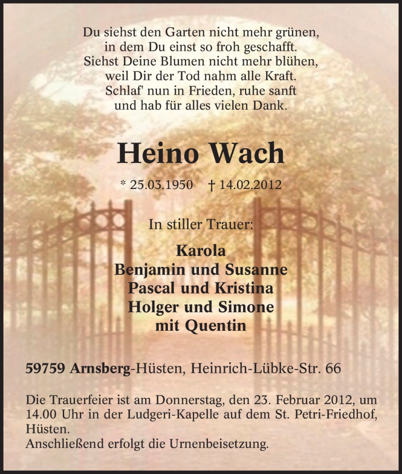  Traueranzeige für Heino Wach vom 18.02.2012 aus Tageszeitung