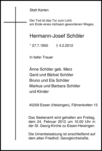 Traueranzeige von Hermann-Josef Schöler von Tageszeitung