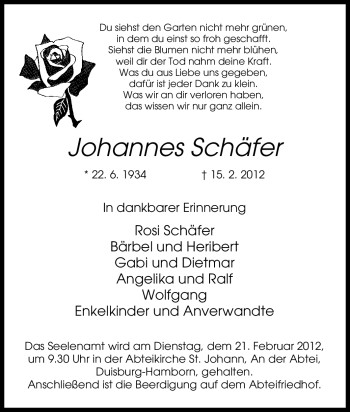 Traueranzeige von Johannes Schäfer von Tageszeitung