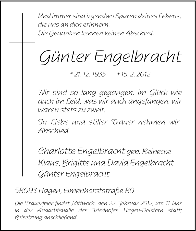  Traueranzeige für Günter Engelbracht vom 18.02.2012 aus Tageszeitung