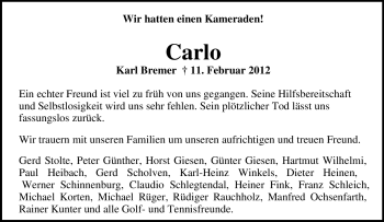 Traueranzeige von Karl Bremer von Tageszeitung